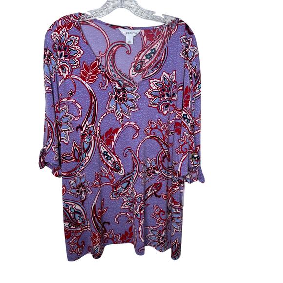 Liz Claiborne Women’s Plus 3X Top Purple Paisley Print Blouse Roll Tab Sleeve - Picture 1 of 9